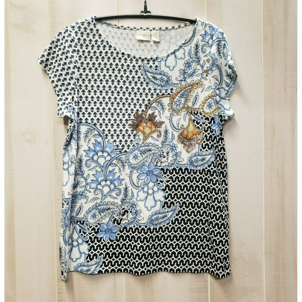 Chicos Short Sleeve Top Sequins Scoop Neck, Sz 1 Med, Multicolor Paisley Floral